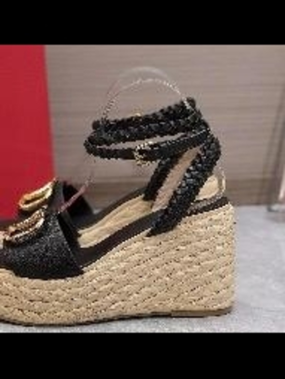 Valentino Black Braided Espadrille Wedge Sandals with Gold Accent